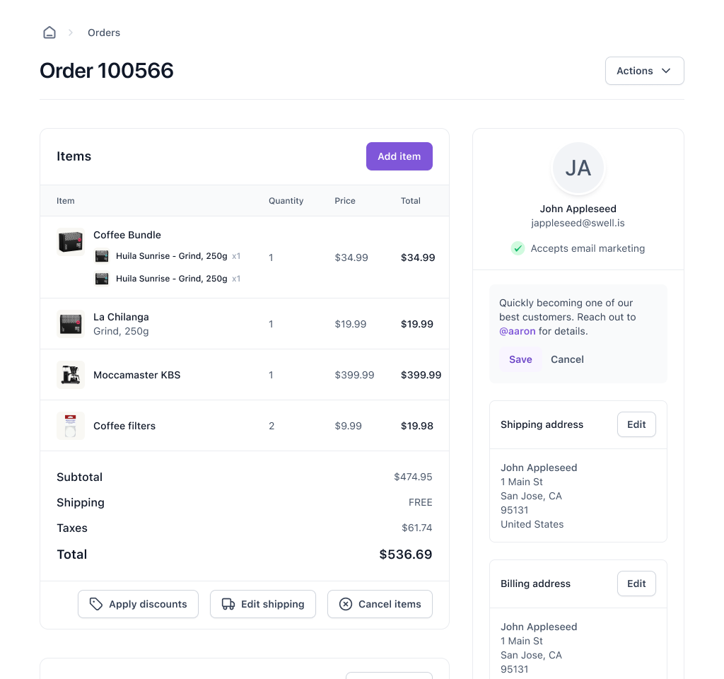 Dashboard view for Orders