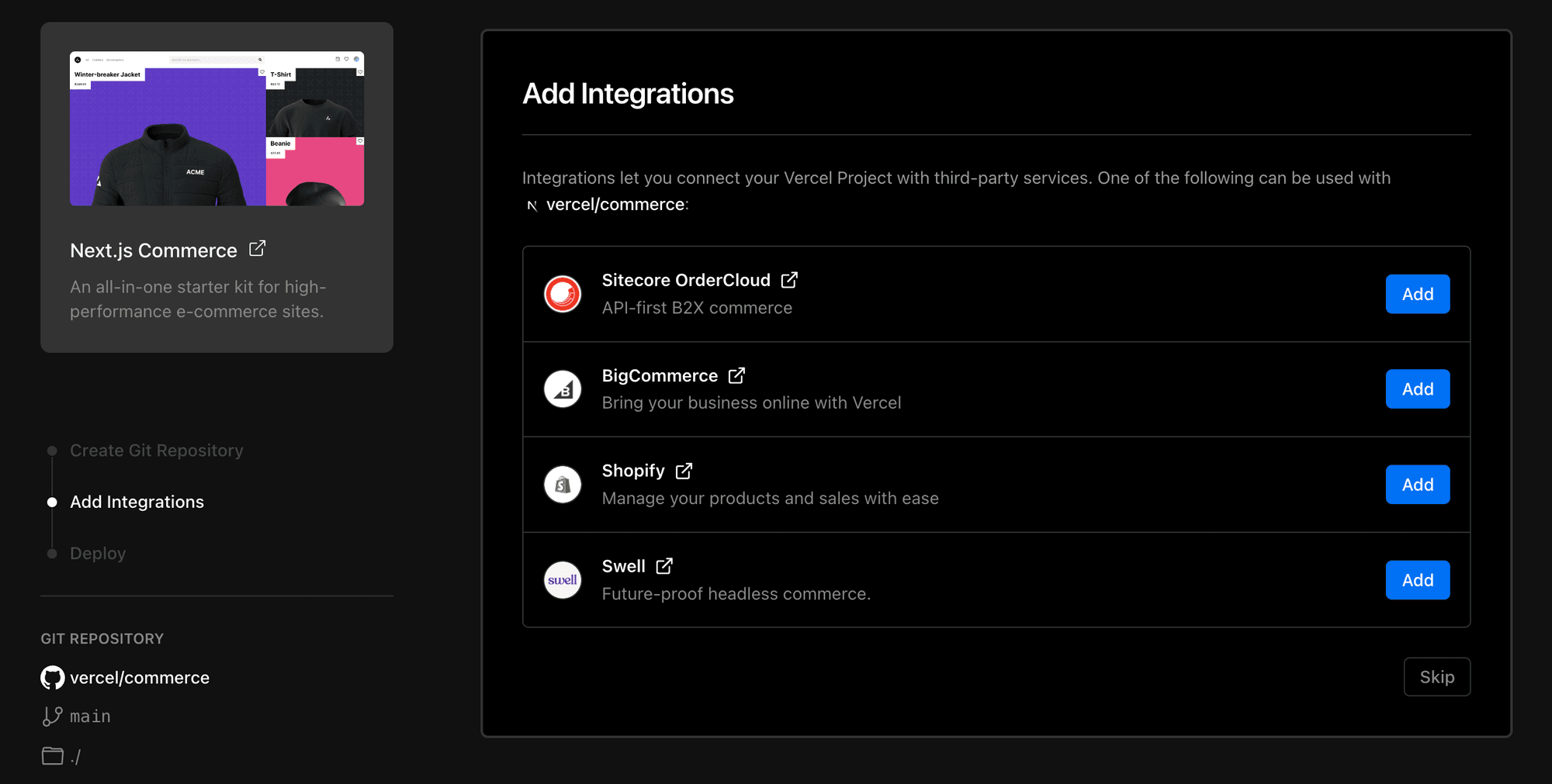 Image showing the multiple integrations that vercel offers
