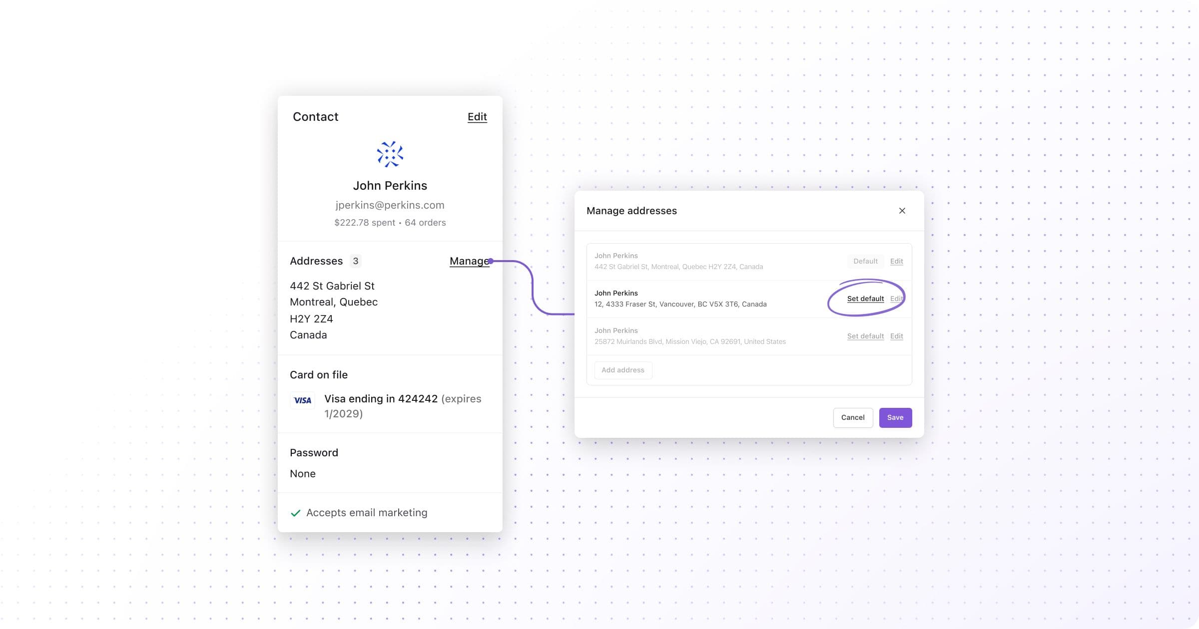 Swell's interface showing to set up a default address