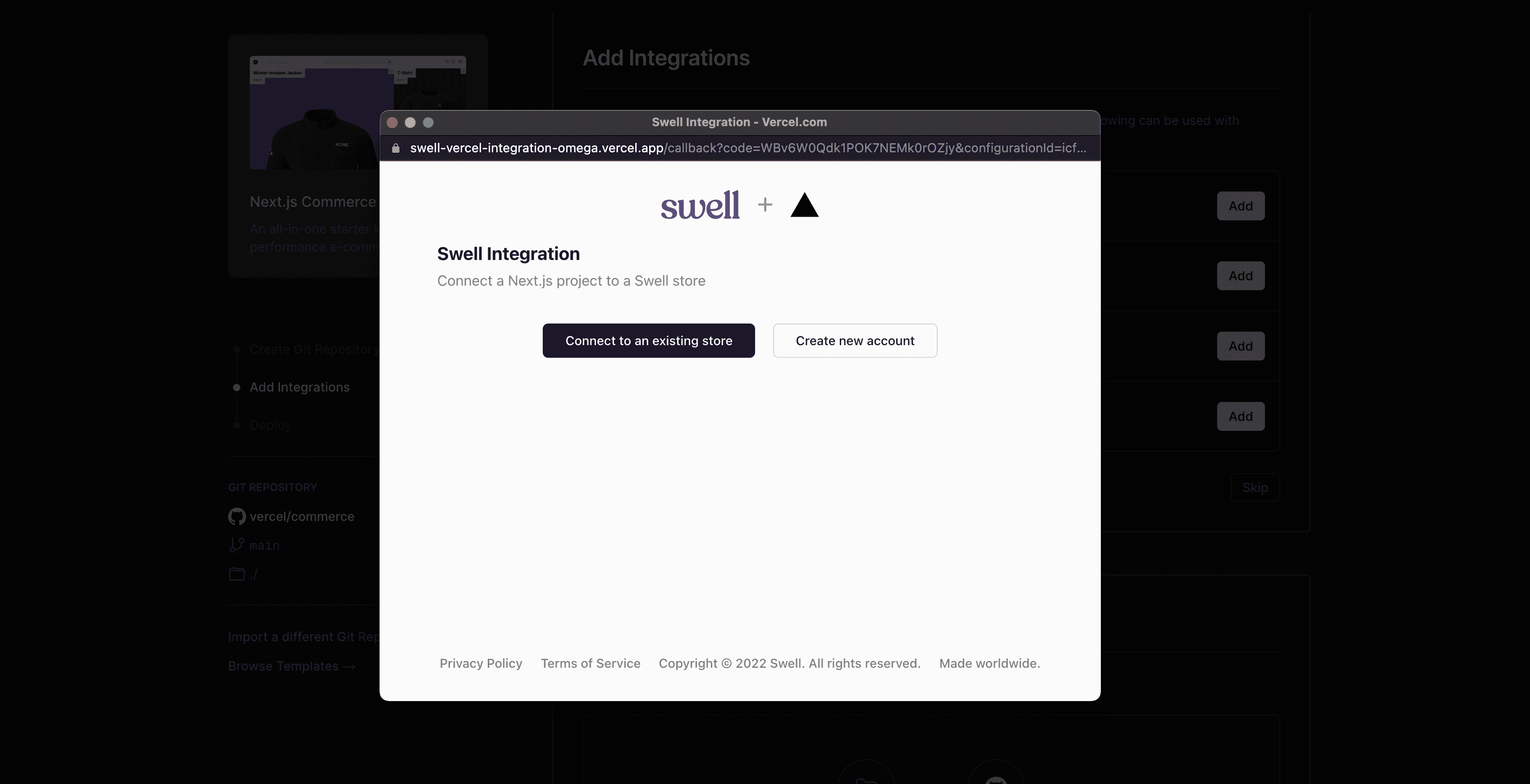 Image prompting to connect Vercel with Swell