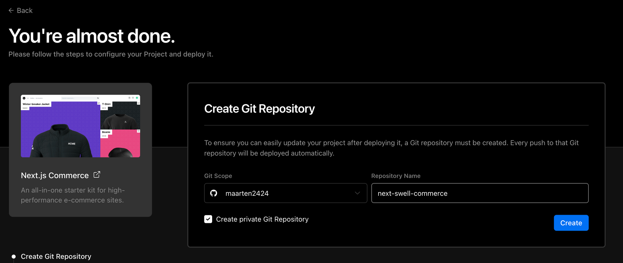 Image showing the necessary fields to create a new repository in vercel