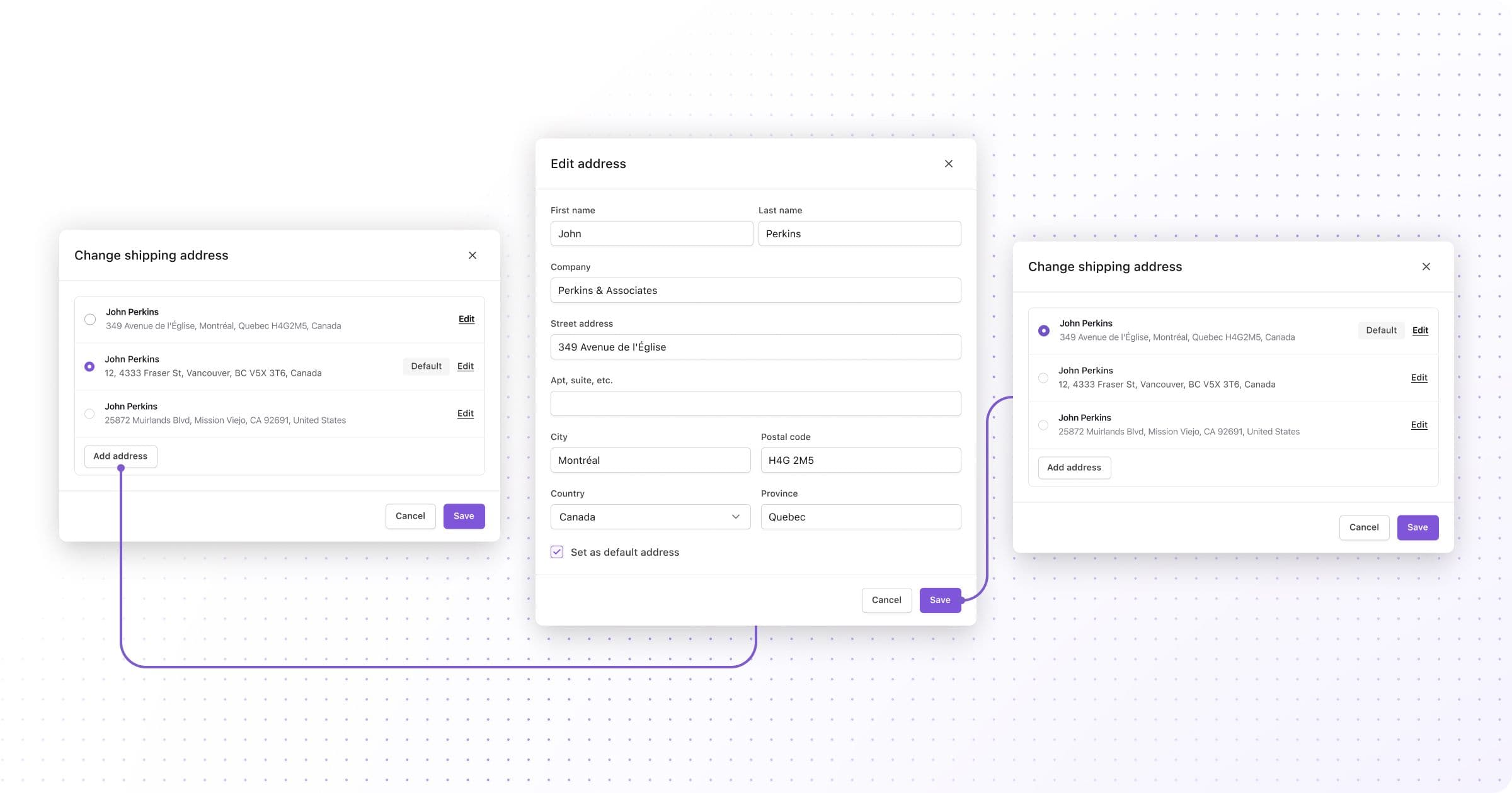 Swell user interface for editing or creating a new address